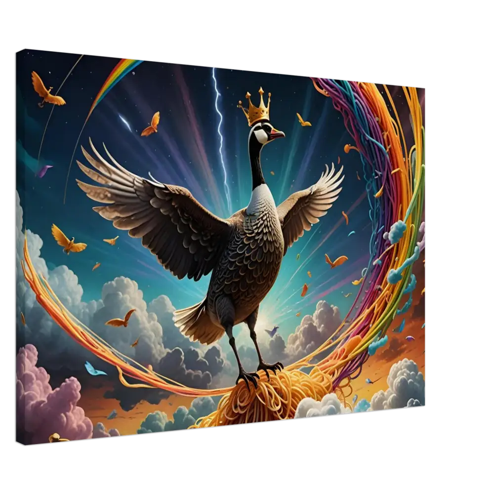 Majestic Goose King sitting on spaghetti in surrealist Canvas Print Glory in Starch