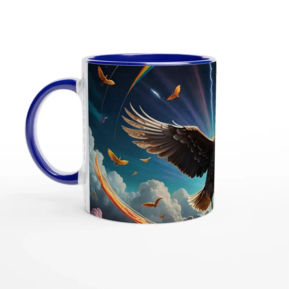 Blue-handled ceramic mug with eagle and rainbow design for Spaghetti Goose Ascension Mug
