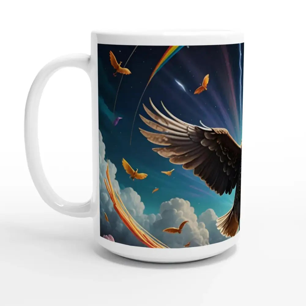 White ceramic Mug with eagle and rainbow design for Spaghetti Goose Ascension Thundercluck Supreme