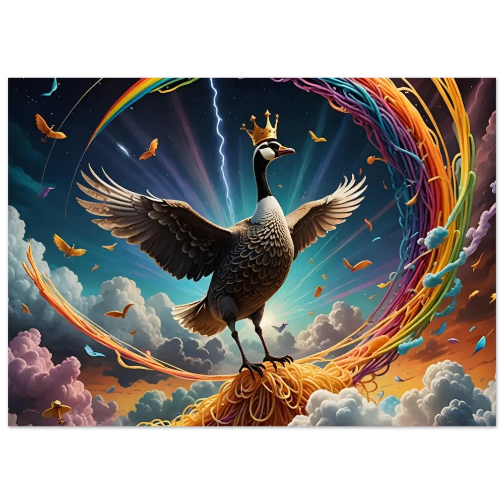 Regal goose standing on spaghetti in Divine Noodleflight PixiOnyx Fine Art Print