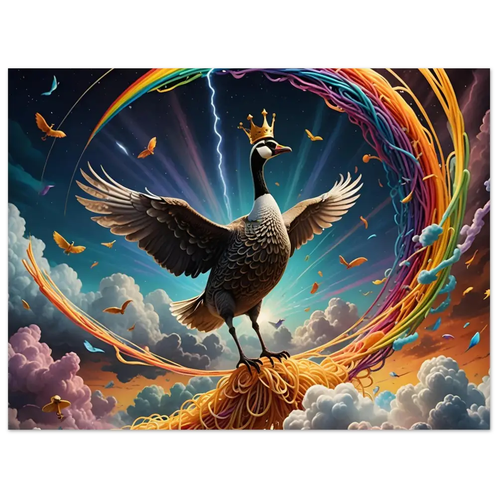 Regal goose perched atop spaghetti in artwork titled Spaghetti Goose Ascension Poster