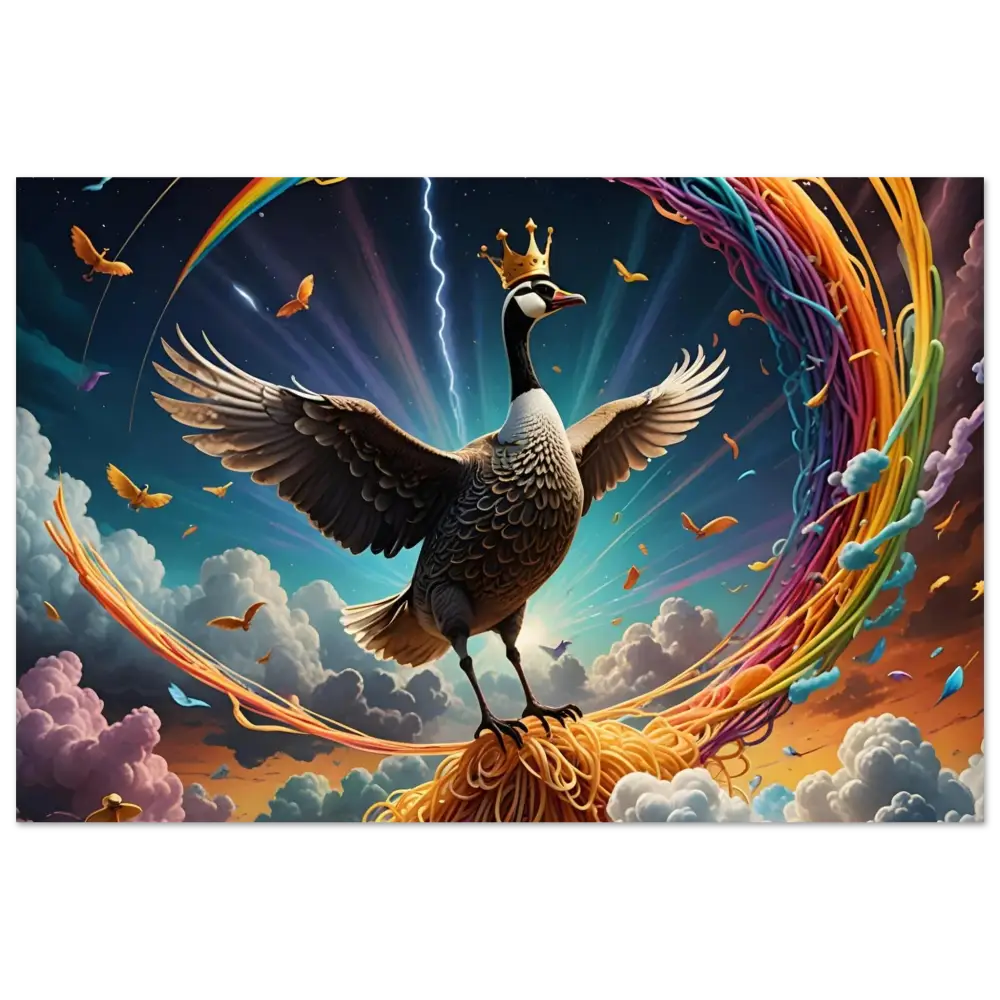 Majestic goose wearing a crown on PixiOnyx Spaghetti Goose Ascension Thundercluck Edition metal print