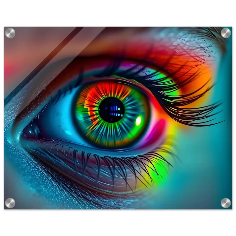 Vibrant rainbow-colored eye acrylic print in Spectrum Vision Lucid Stare display