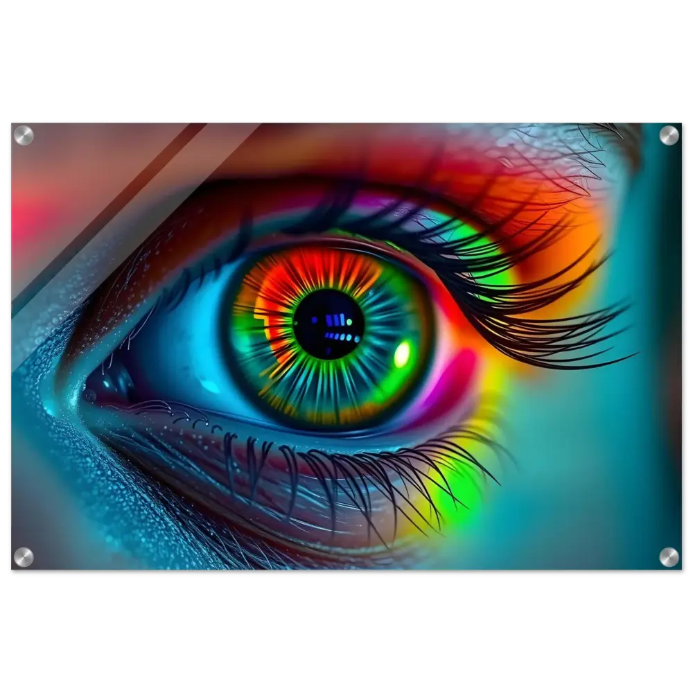 Vibrant rainbow-colored eye art displayed on Spectrum Vision Acrylic Print Lucid Stare PixiOnyx Clarity Display
