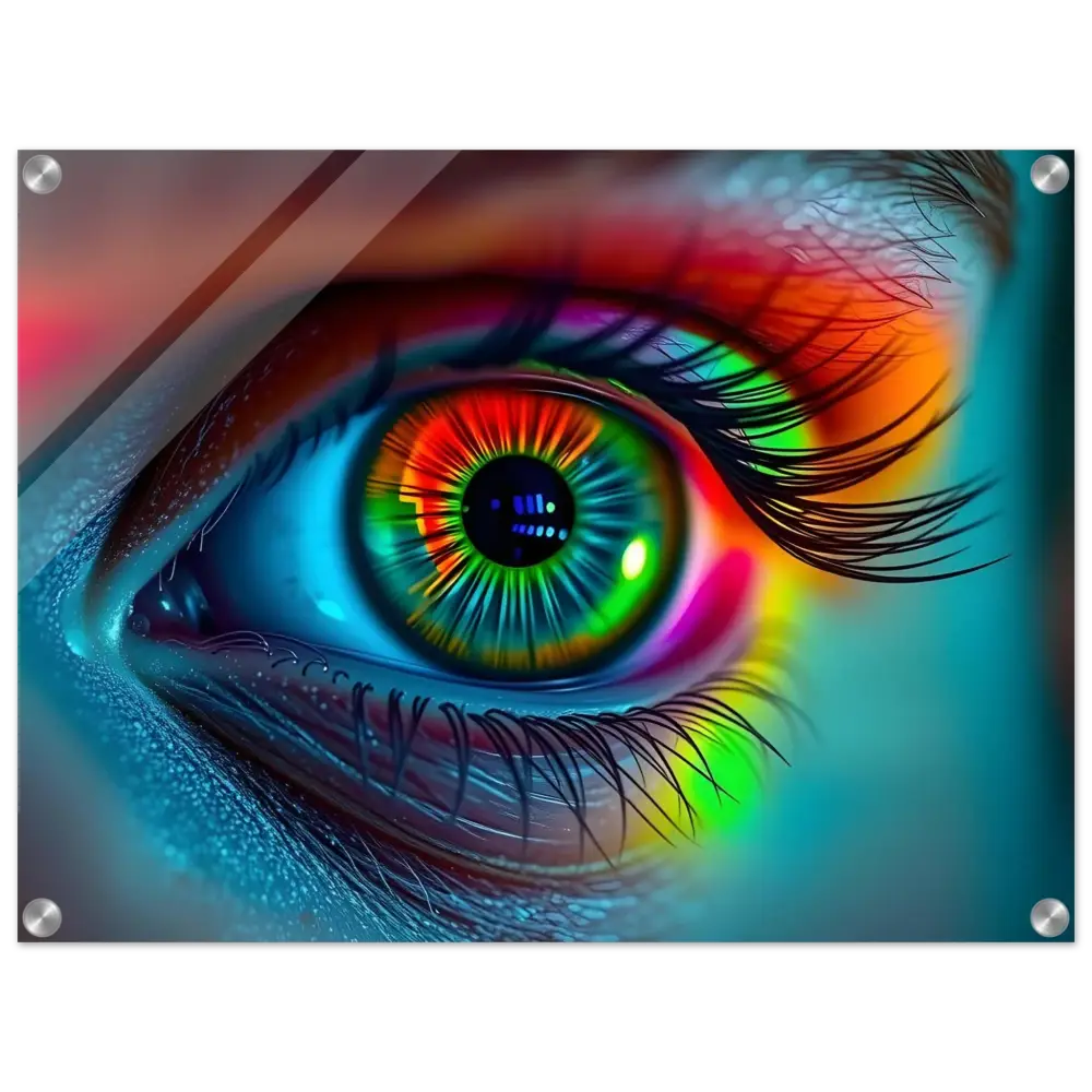 Vibrant rainbow-colored eye art displayed on Spectrum Vision Acrylic Print – Lucid Stare