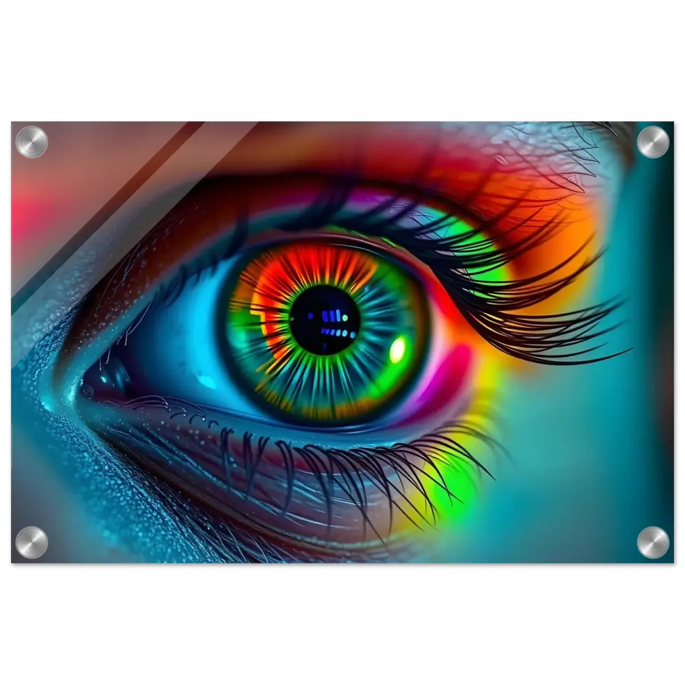 Vibrant rainbow-colored eye art displayed on Spectrum Vision Acrylic Print by PixiOnyx
