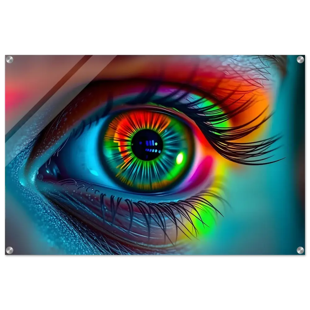 Colorful eye art displayed on Spectrum Vision Acrylic Print Lucid Stare by PixiOnyx