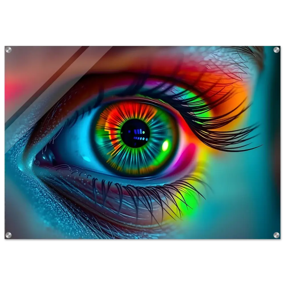 Vibrant rainbow-colored eye art displayed on Spectrum Vision Acrylic Print by PixiOnyx