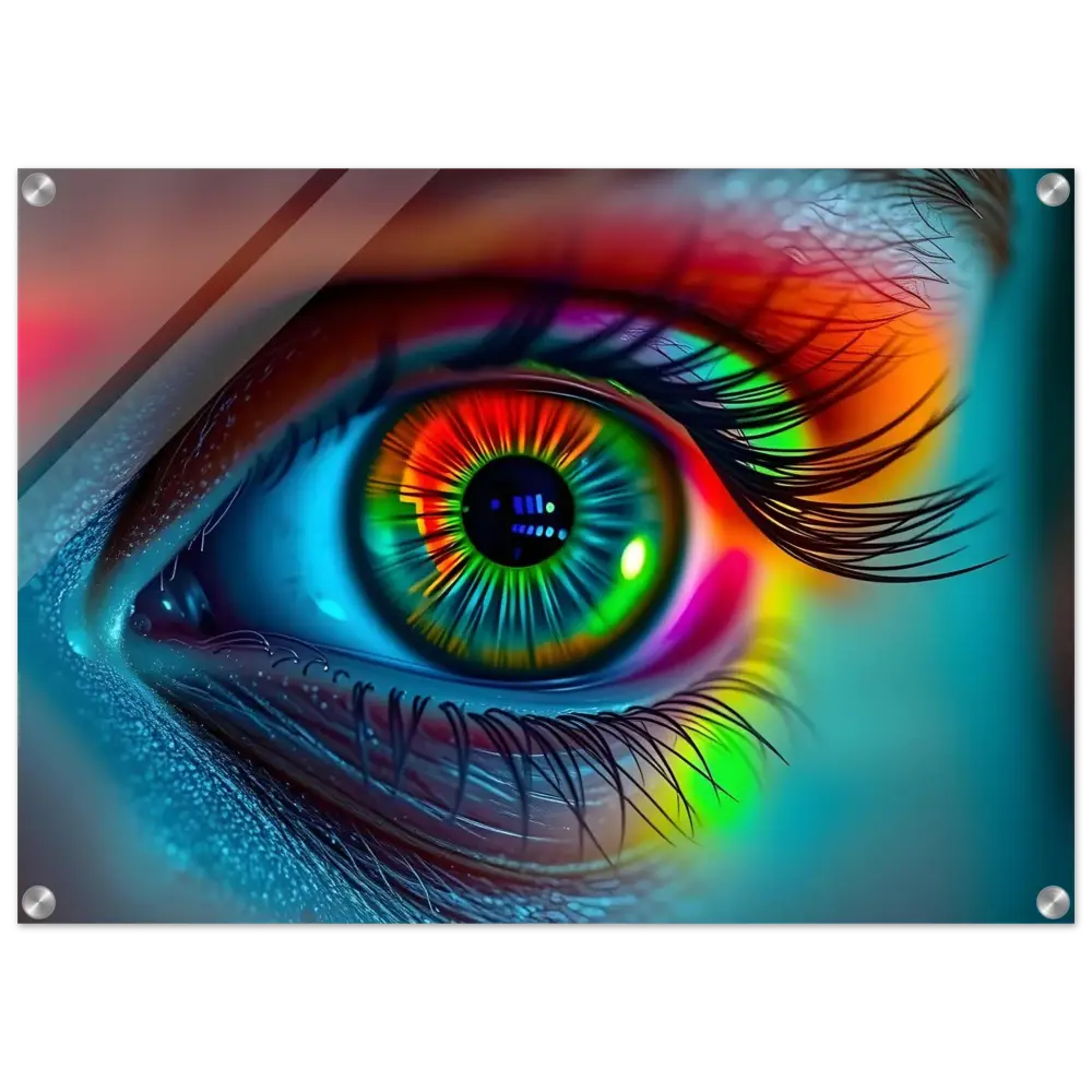 Vibrant rainbow eye art displayed on Spectrum Vision Acrylic Print Lucid Stare PixiOnyx Clarity Display