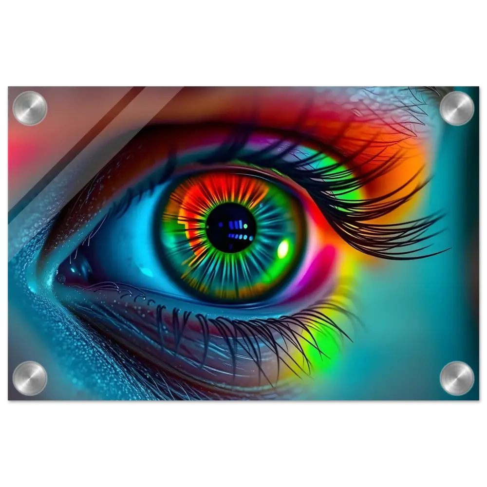 Vibrant rainbow eye art displayed on Spectrum Vision Acrylic Print by PixiOnyx