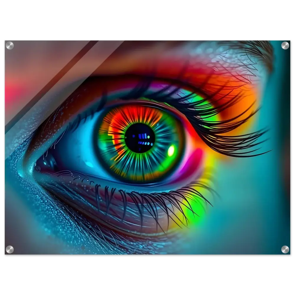 Colorful eye art acrylic print titled Spectrum Vision Lucid Stare by PixiOnyx