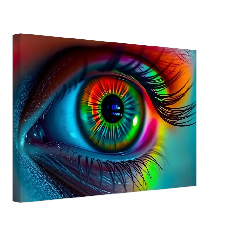 Vibrant rainbow-colored eye art on Spectrum Vision Canvas Chromatic Pulse PixiOnyx Wall Art