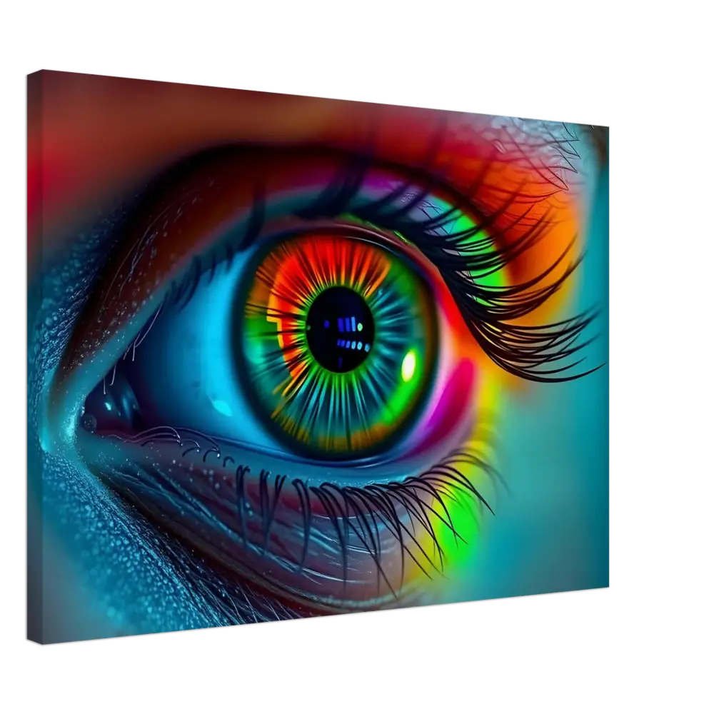Vibrant rainbow-colored eye art on Spectrum Vision Canvas Chromatic Pulse PixiOnyx Wall Art