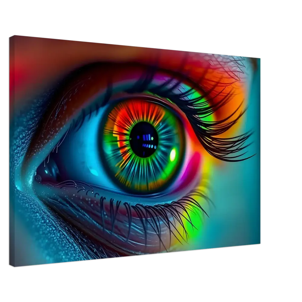 Colorful eye art on Spectrum Vision Canvas Chromatic Pulse Surrealist Wall Art
