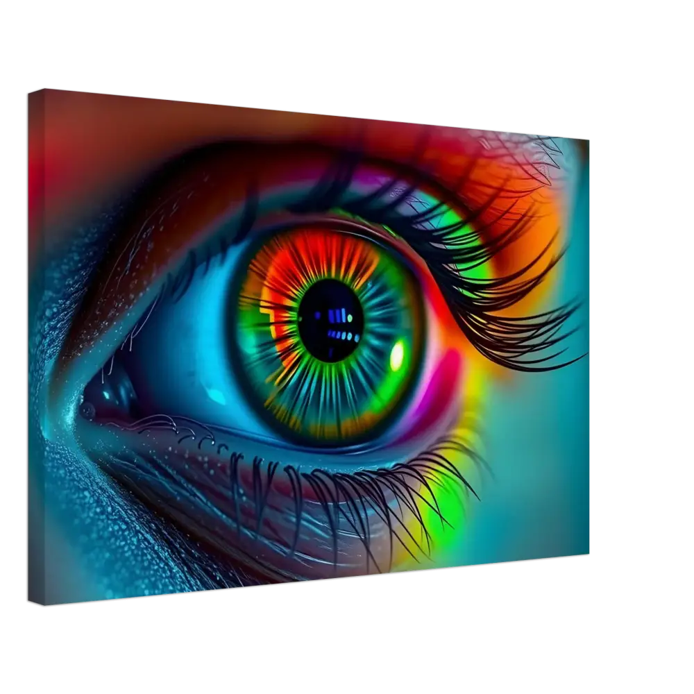 Colorful eye artwork displayed on Spectrum Vision Canvas Chromatic Pulse PixiOnyx Wall Art
