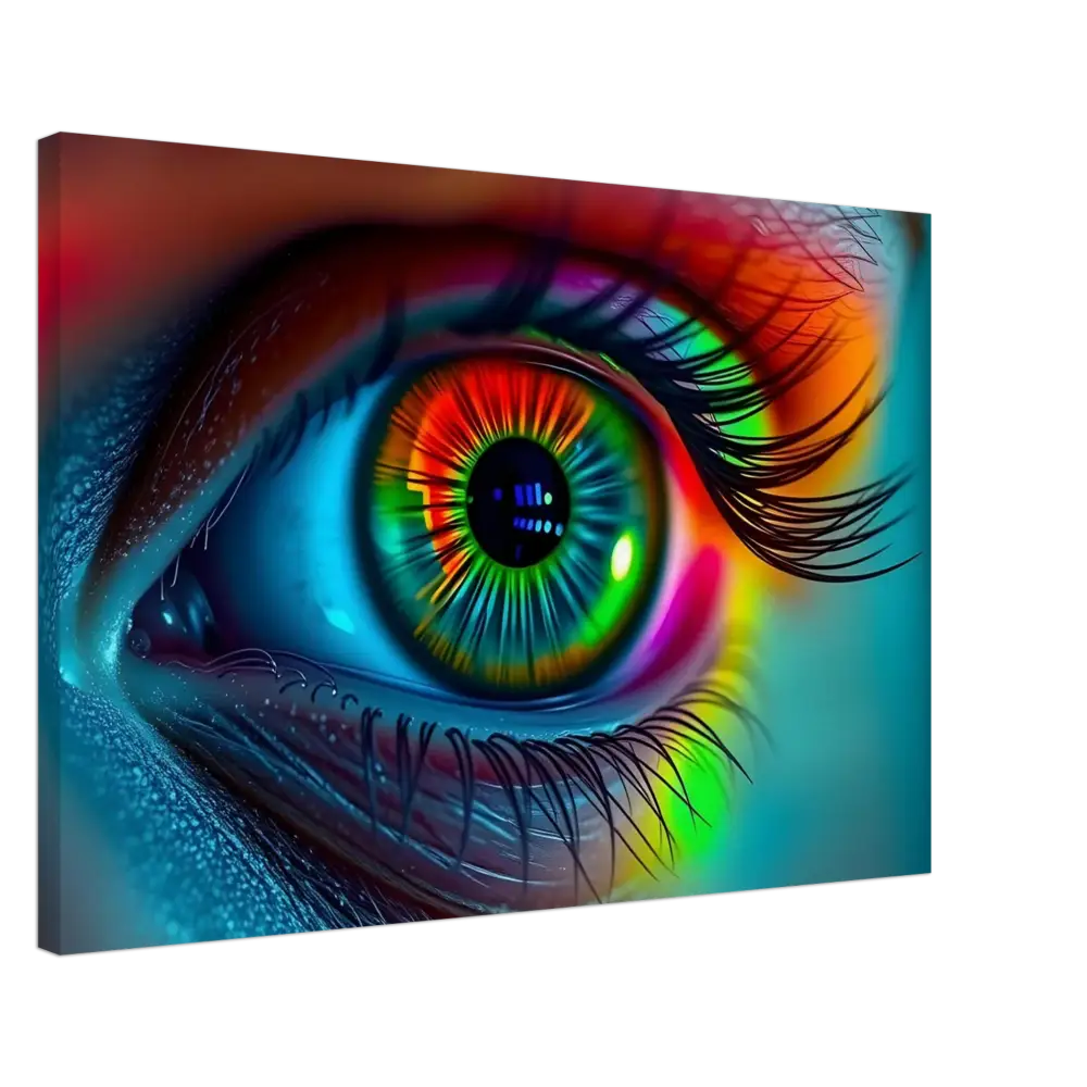 Colorful eye artwork on Spectrum Vision Canvas Chromatic Pulse PixiOnyx Surrealist Wall Art
