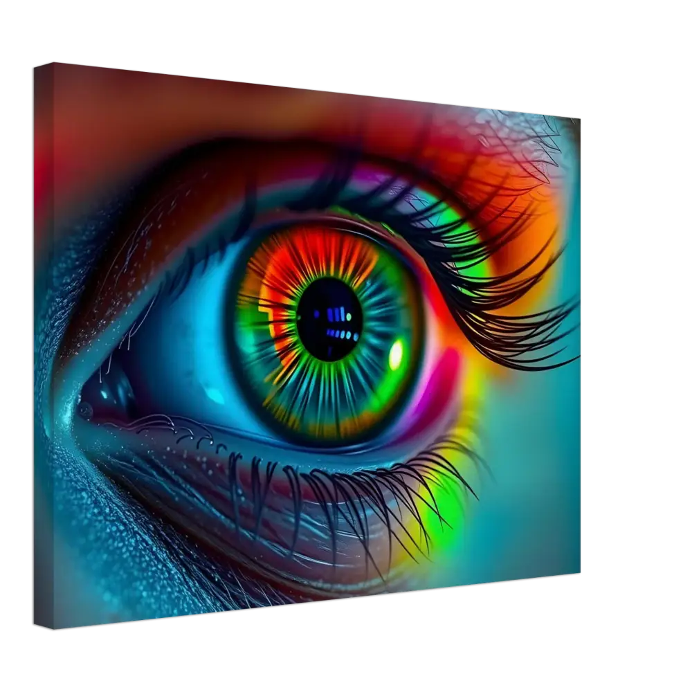 Vibrant rainbow-colored eye artwork from Spectrum Vision Canvas Chromatic Pulse by PixiOnyx