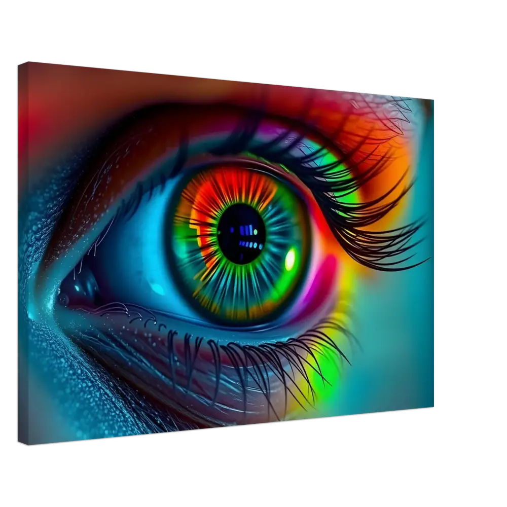 Vibrant rainbow-colored eye art on Spectrum Vision Canvas Chromatic Pulse Wall Art