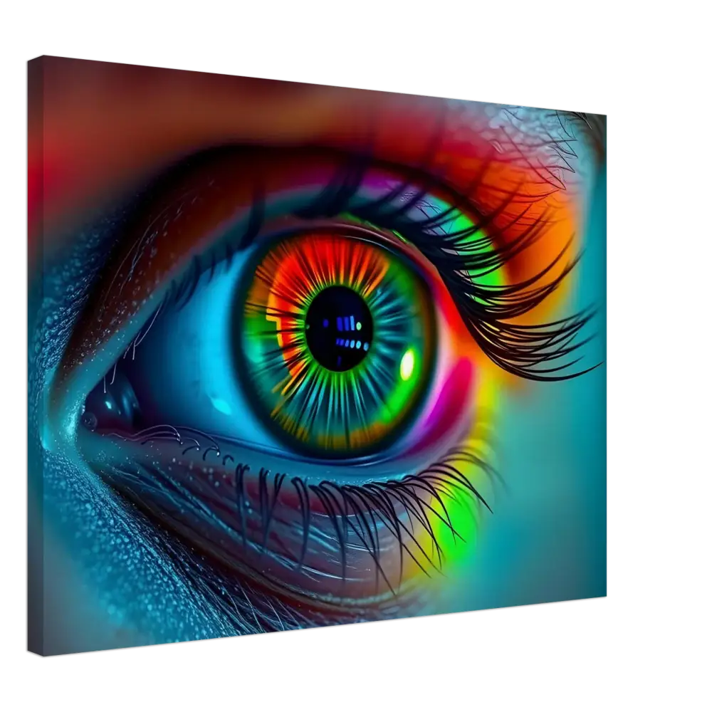 Vibrant rainbow-colored eye artwork from Spectrum Vision Canvas Chromatic Pulse by PixiOnyx