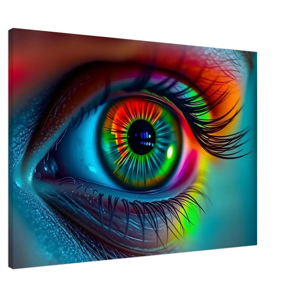 Vibrant rainbow-colored eye art displayed on Spectrum Vision Canvas Chromatic Pulse PixiOnyx Wall Art