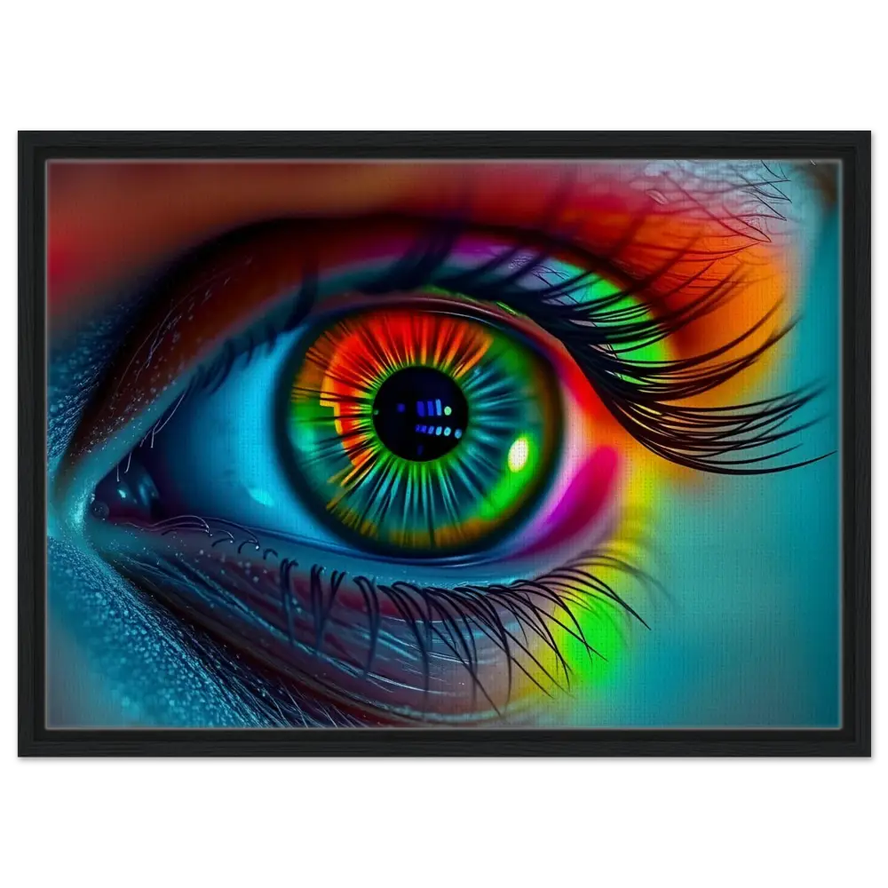 Colorful eye art displayed on Spectrum Vision Framed Canvas Trance Core PixiOnyx Floating Frame