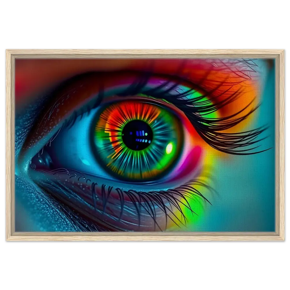 Framed colorful eye art on Spectrum Vision Trance Core PixiOnyx floating canvas