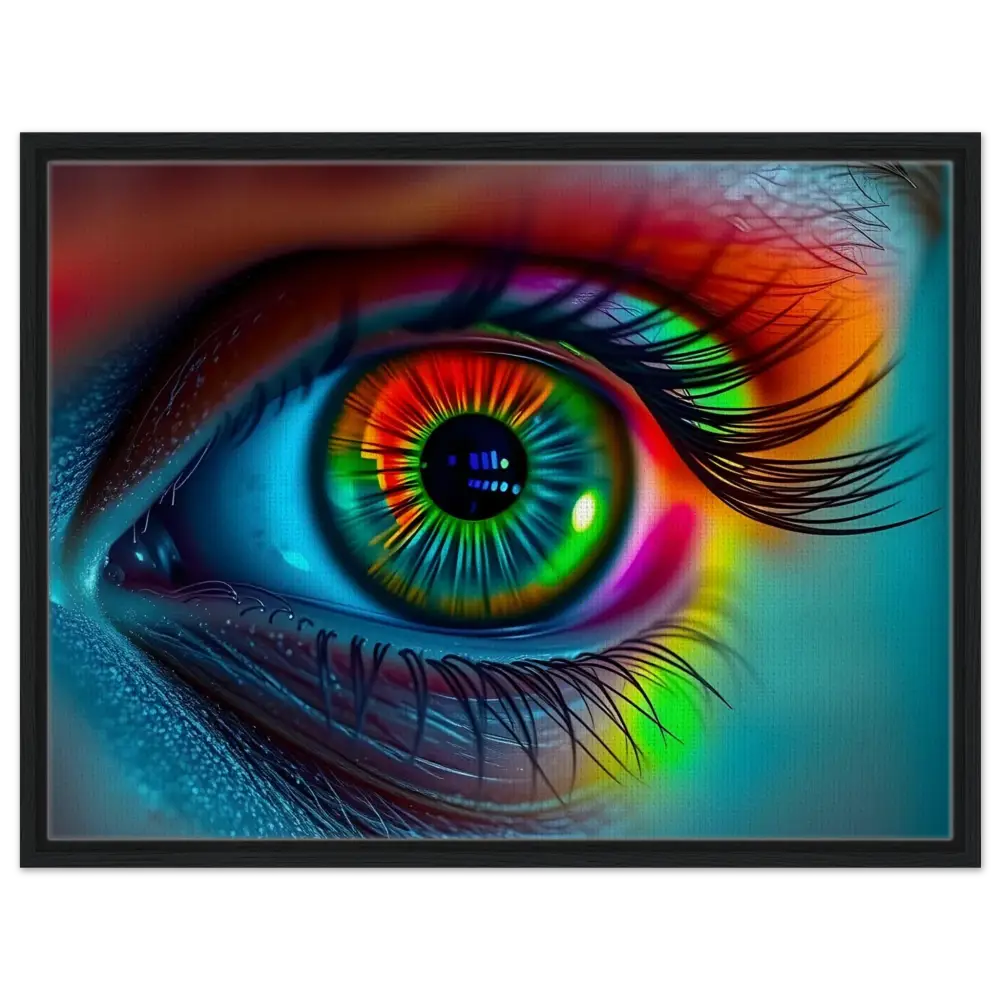 Vibrant rainbow-colored eye artwork on Spectrum Vision Framed Canvas Trance Core PixiOnyx