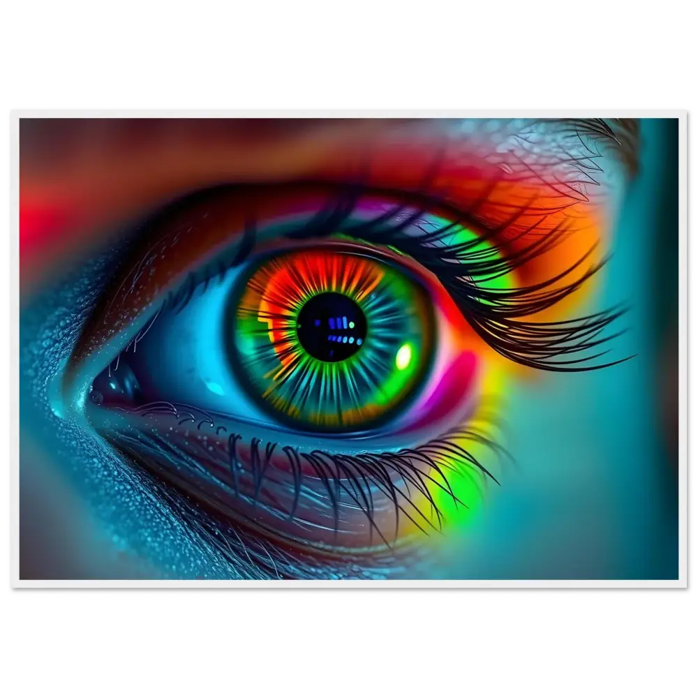 Rainbow-colored human eye displayed in Spectrum Vision Framed Poster by PixiOnyx