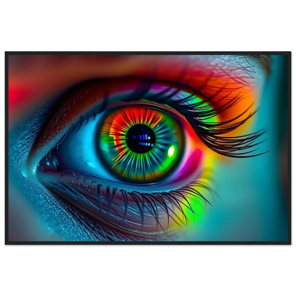 Vibrant rainbow-colored eye displayed in Spectrum Vision Framed Poster by PixiOnyx