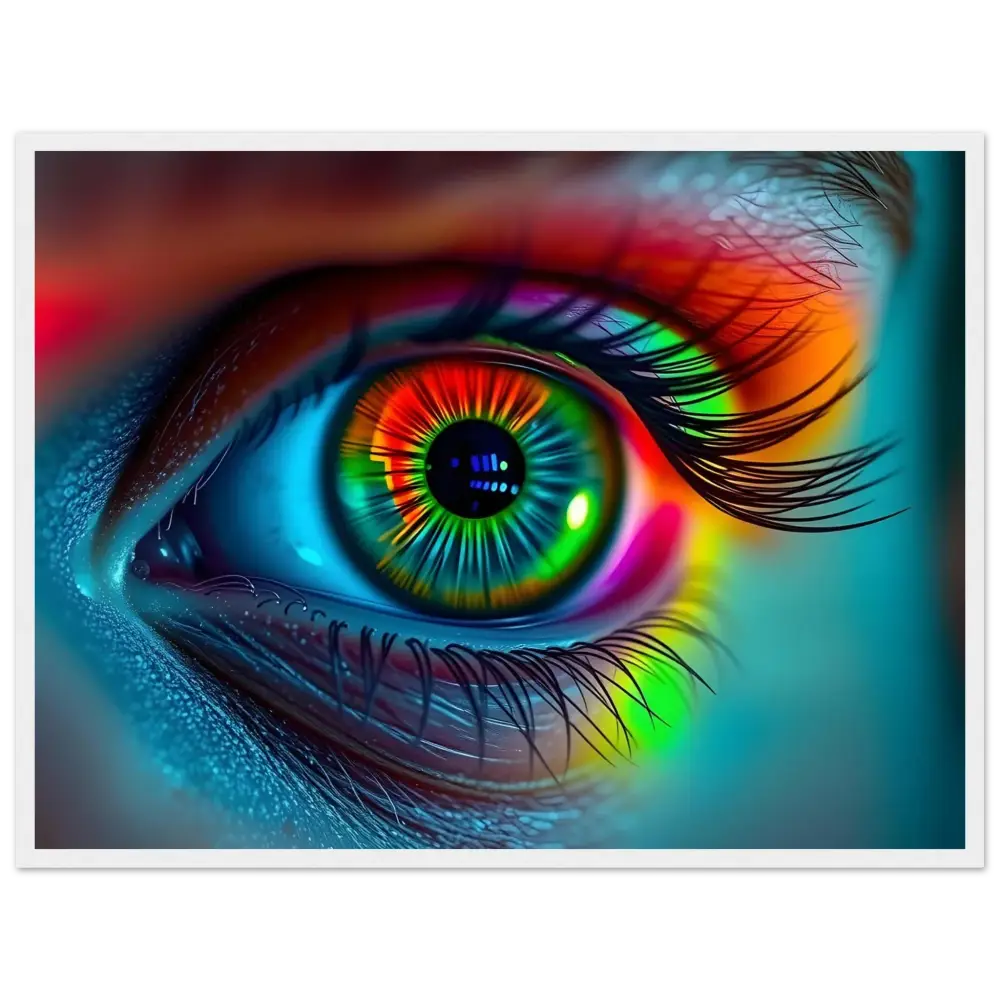 Vibrant rainbow-colored eye displayed on Spectrum Vision Framed Poster by PixiOnyx