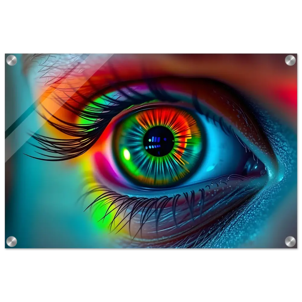 Vibrant rainbow-colored eye acrylic print from Spectrum Vision Lucid Counterpoint PixiOnyx