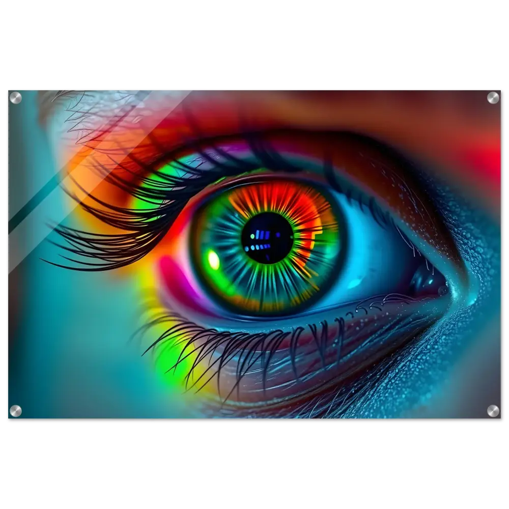 Vibrant rainbow-colored eye acrylic print displayed in Spectrum Vision Mirrored Lucid Counterpoint
