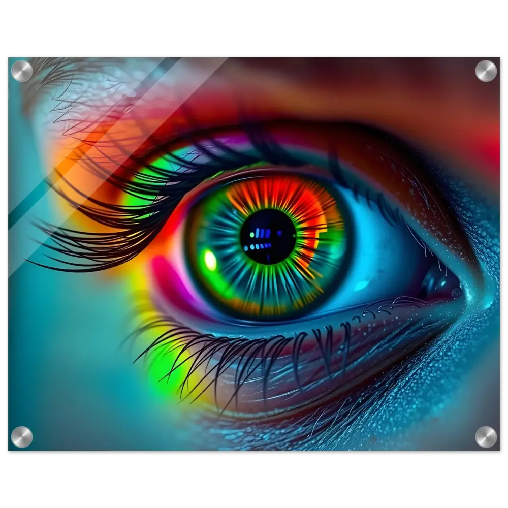 Rainbow-colored human eye acrylic print from Spectrum Vision Lucid Counterpoint PixiOnyx