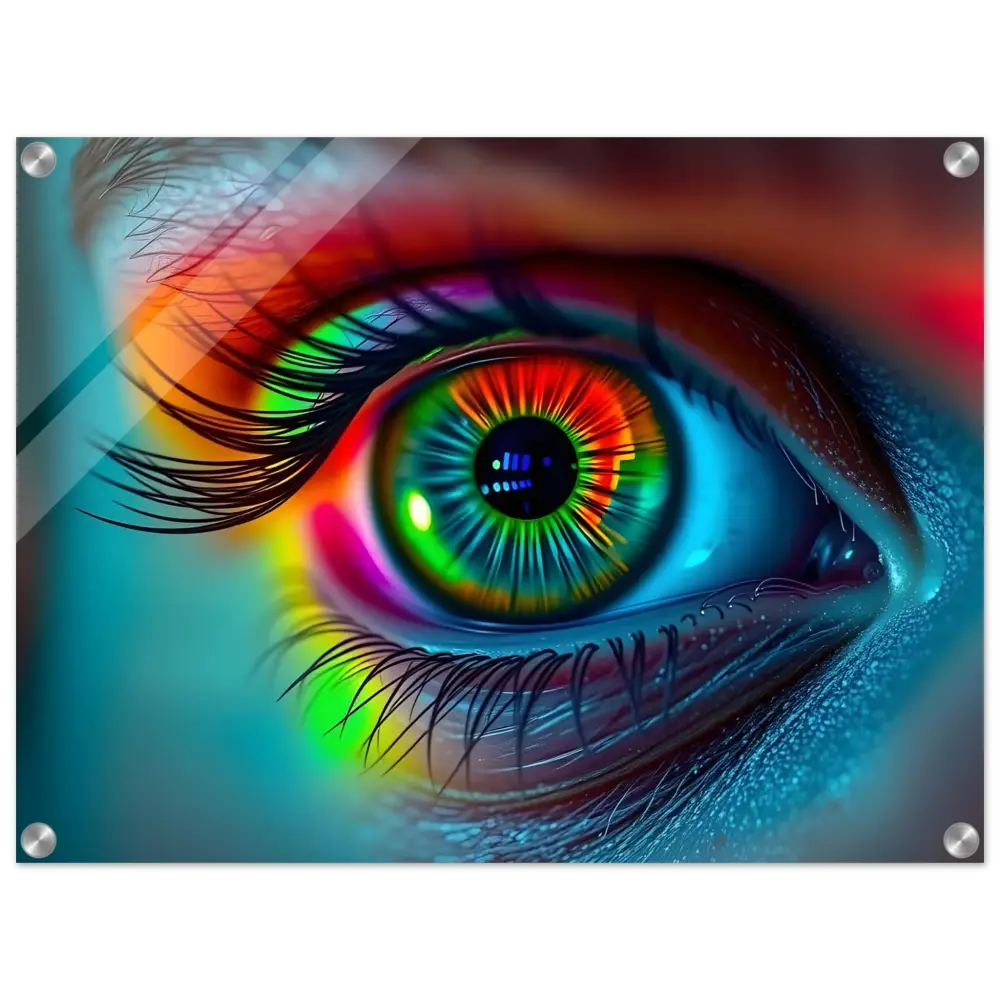 Rainbow-colored human eye acrylic print in Spectrum Vision Lucid Counterpoint display