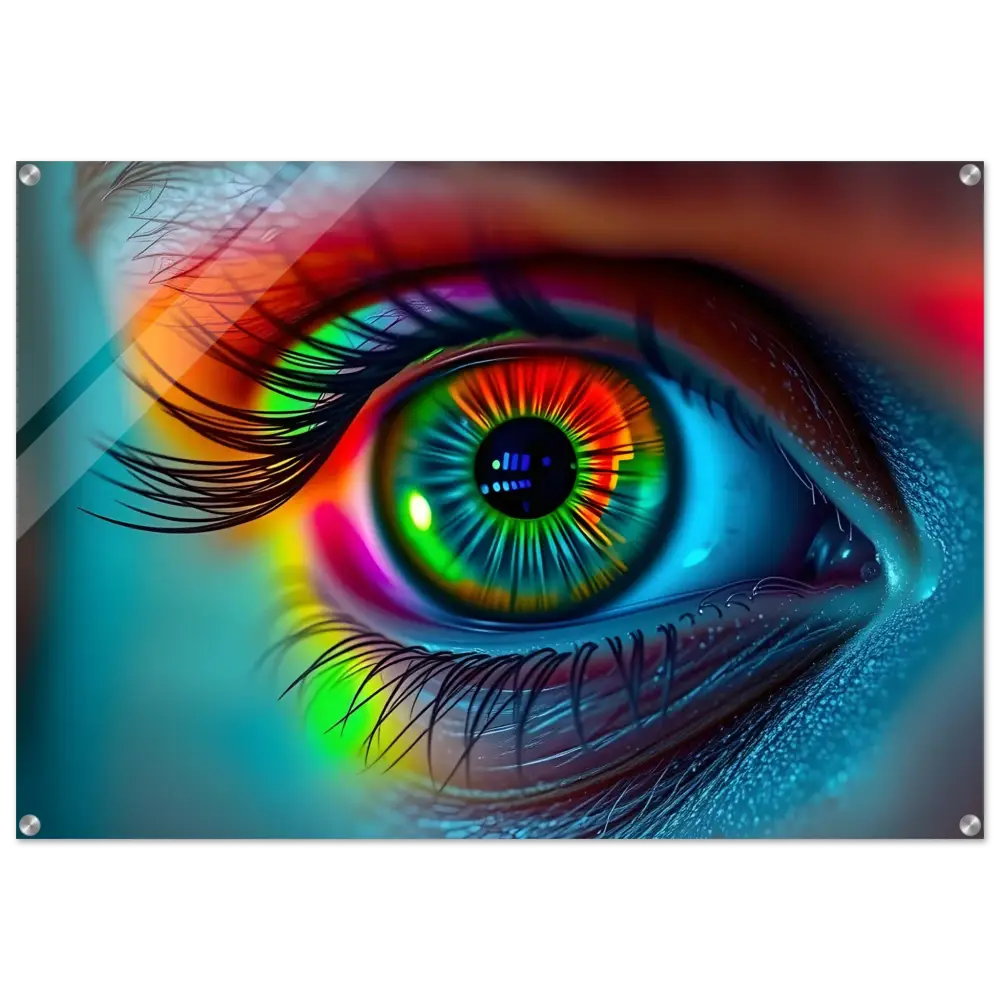 Colorful framed eye art displayed on Spectrum Vision Mirrored Acrylic Print Lucid Counterpoint