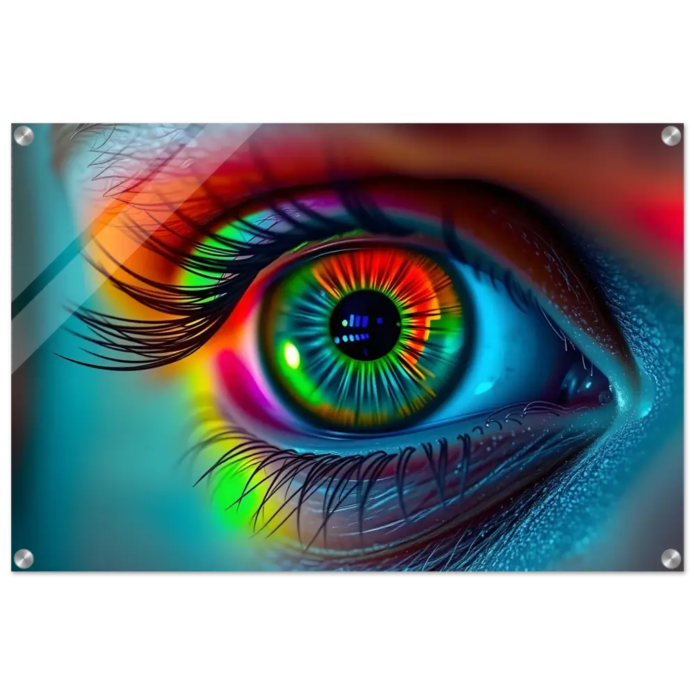 Vibrant rainbow-colored eye acrylic print displayed in Spectrum Vision Lucid Counterpoint Art