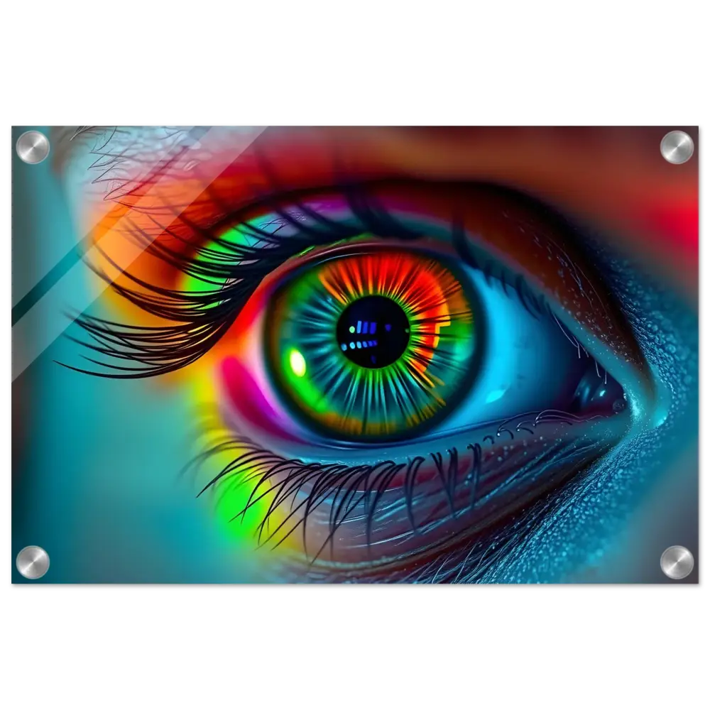 Vibrant rainbow eye art displayed on Spectrum Vision Mirrored Acrylic Print by PixiOnyx