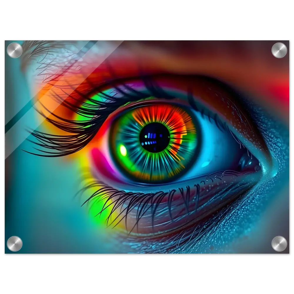 Rainbow-colored eye art acrylic print in Spectrum Vision Mirrored Lucid Counterpoint display