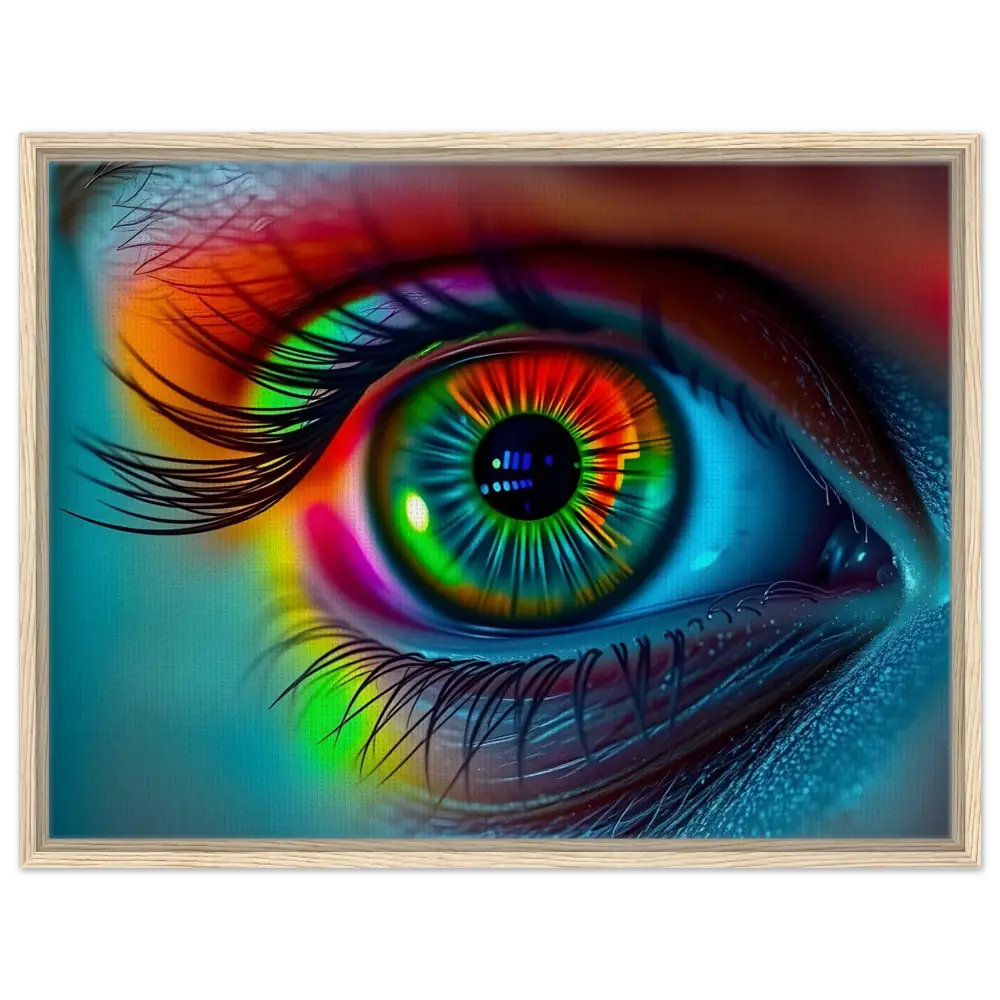 Colorful eye art on Spectrum Vision Mirrored Framed Canvas with Chromatic Mirror and PixiOnyx Floating Frame