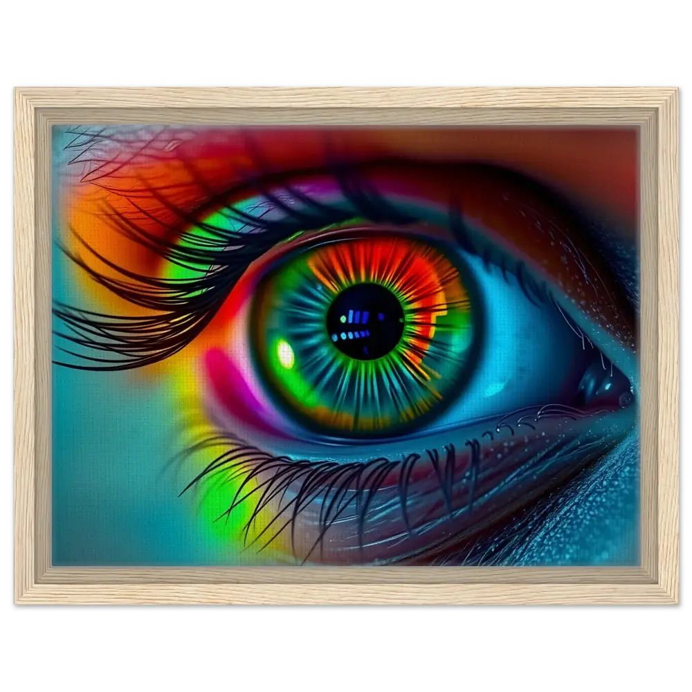 Colorful eye art in a mirrored framed canvas titled Spectrum Vision at PixiOnyx