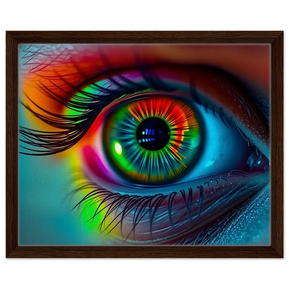 Framed colorful eye art on Spectrum Vision Mirrored Canvas with Chromatic Mirror and floating frame