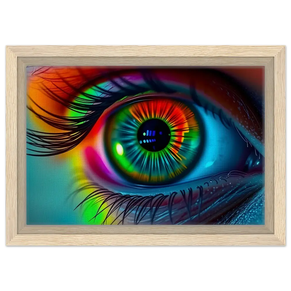 Framed rainbow eye artwork on PixiOnyx Spectrum Vision Mirrored Canvas with floating frame
