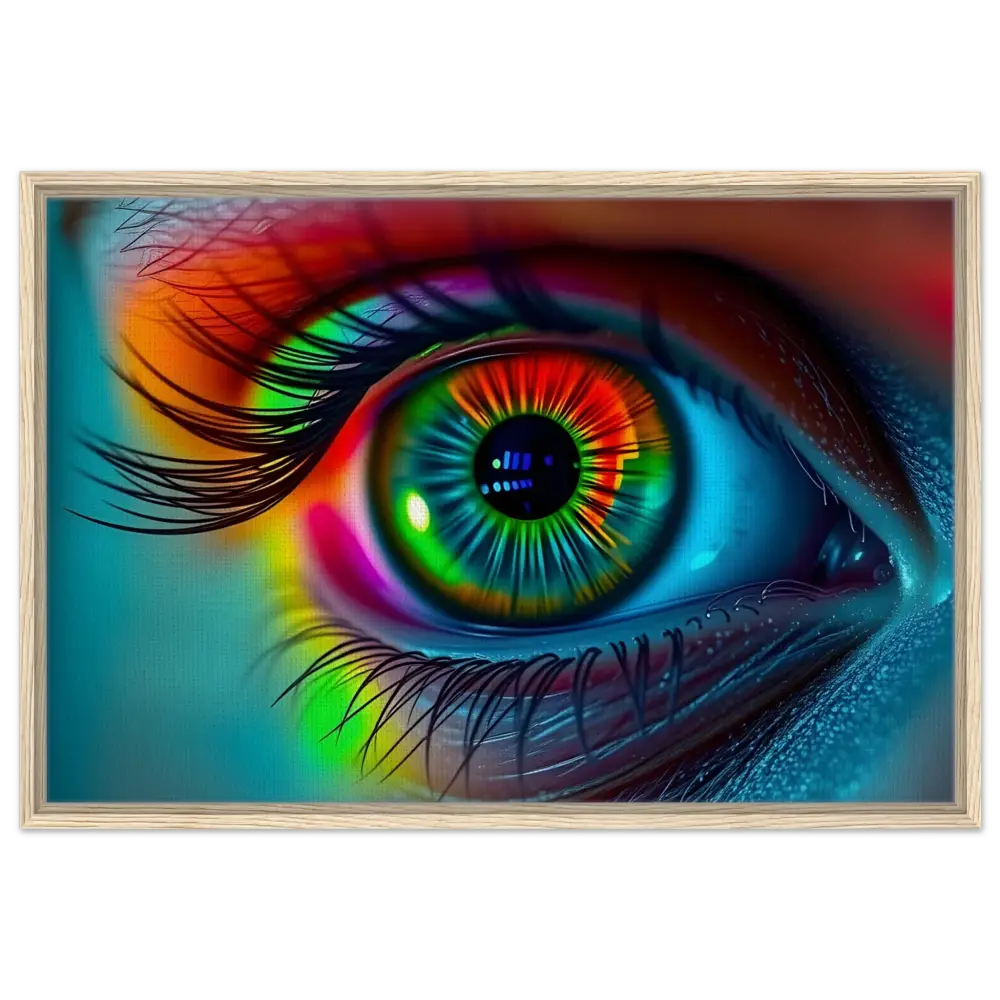 Colorful eye artwork displayed on Spectrum Vision Mirrored Framed Canvas by PixiOnyx