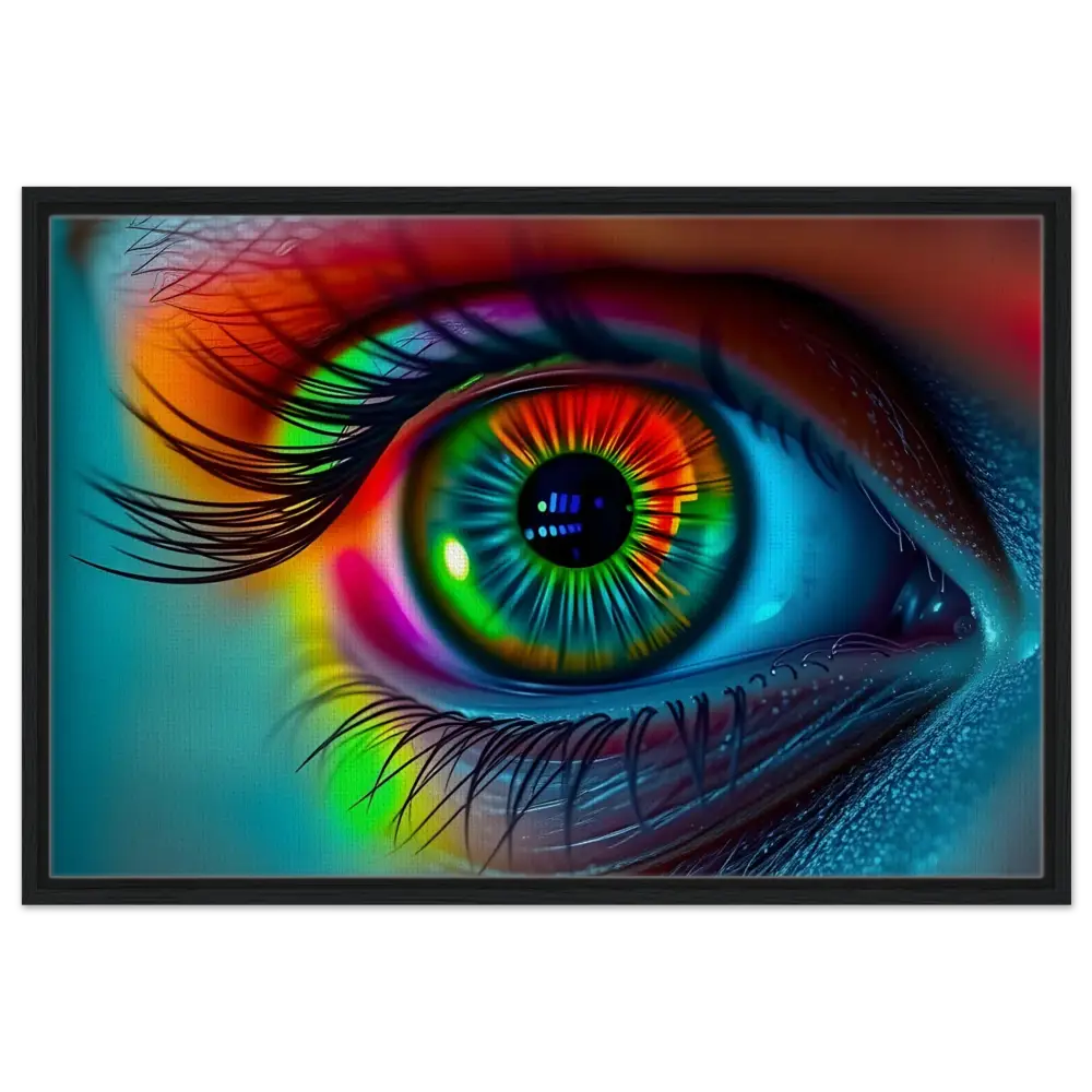 Vibrant rainbow-colored eye artwork on Spectrum Vision Mirrored Framed Canvas by PixiOnyx