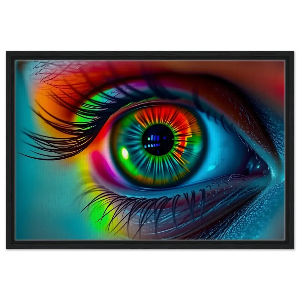Vibrant rainbow-colored eye artwork on Spectrum Vision Mirrored Framed Canvas by PixiOnyx