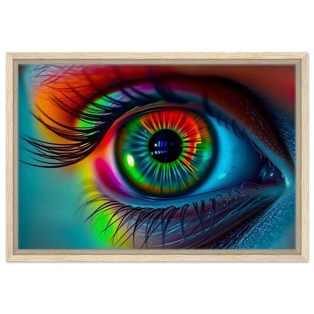 Framed colorful eye art on Spectrum Vision Mirrored Chromatic Mirror Canvas by PixiOnyx
