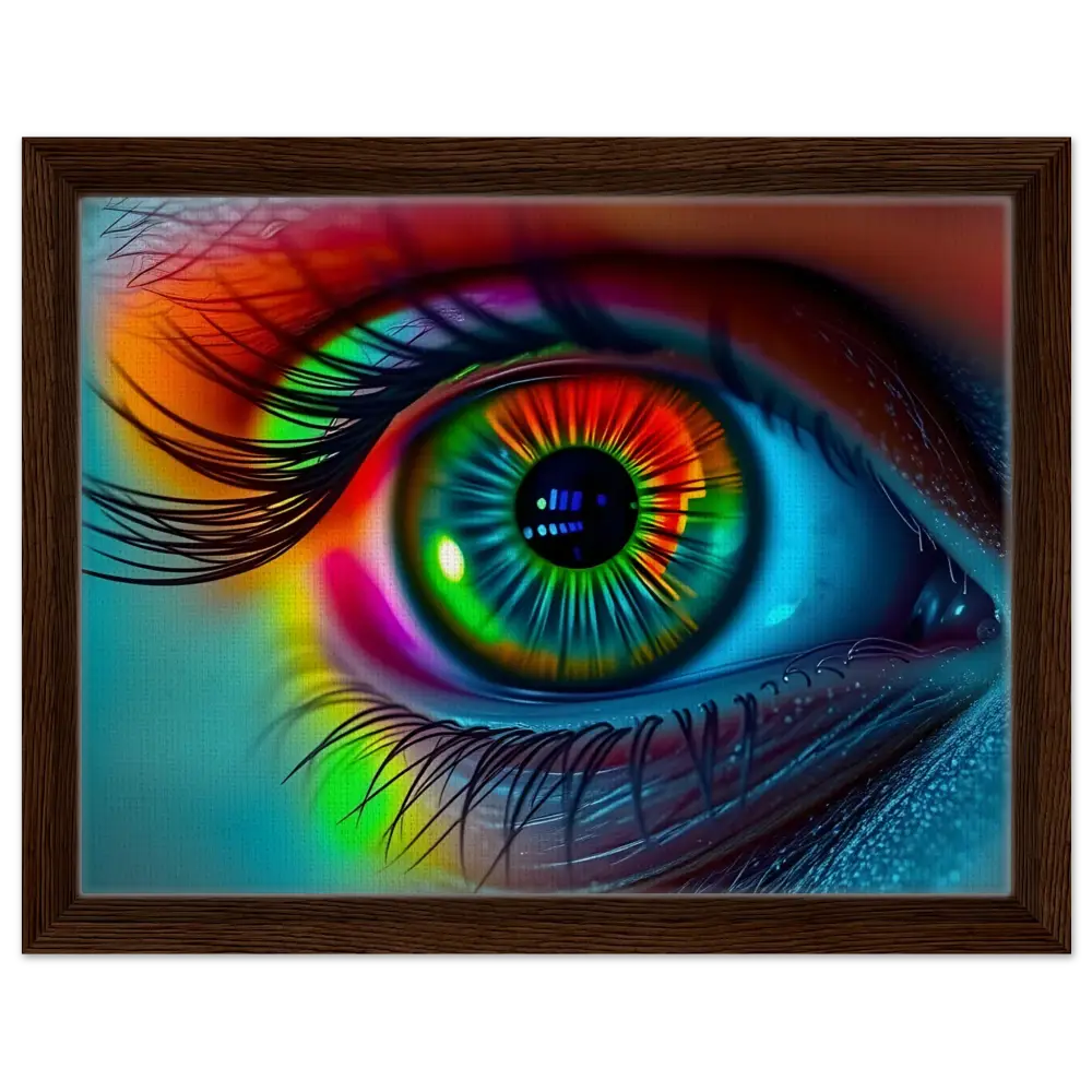 Framed colorful eye art from Spectrum Vision Mirrored Canvas displayed in PixiOnyx Floating Frame