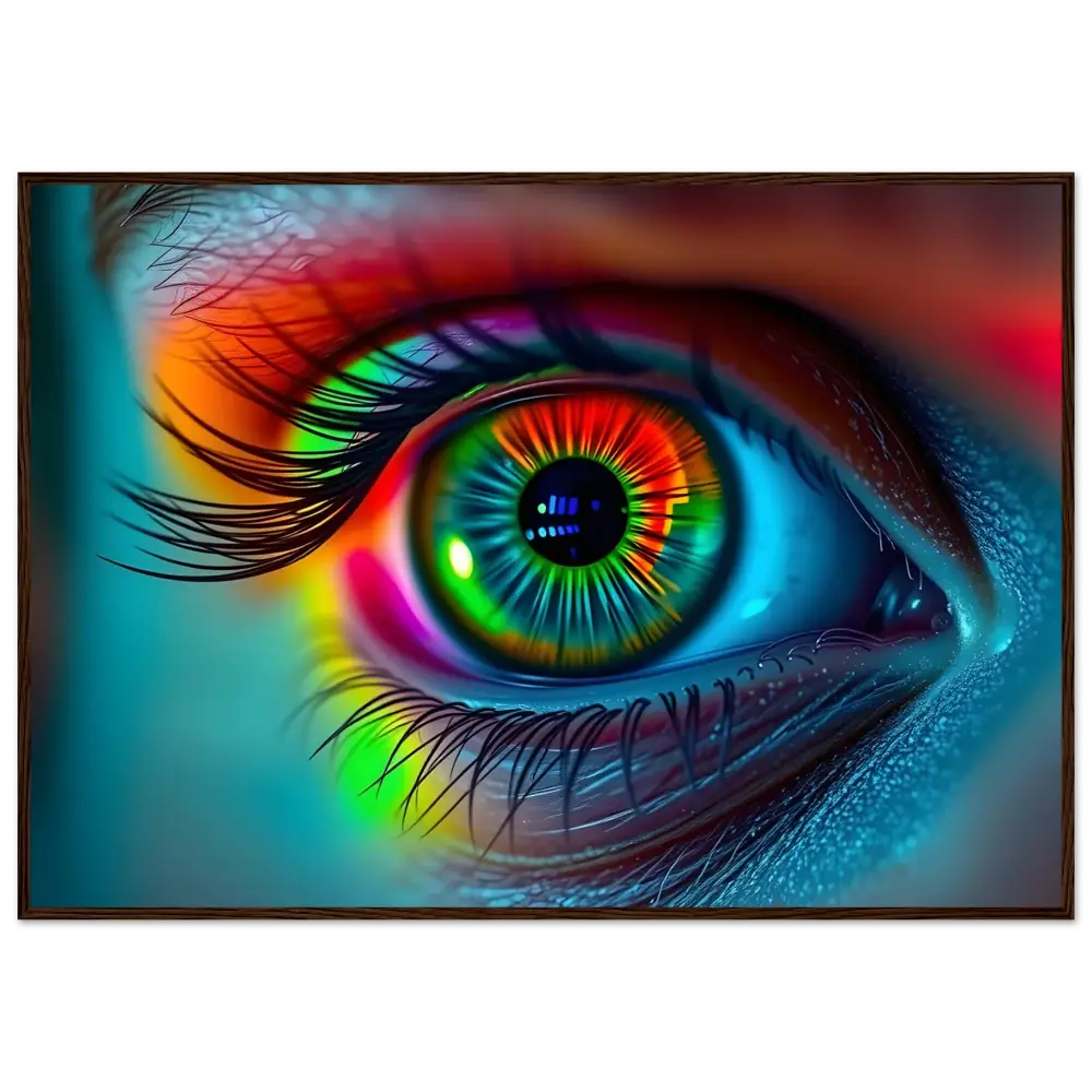 Vibrant rainbow eye artwork on Spectrum Vision Mirrored Framed Poster reflecting a colorful gaze