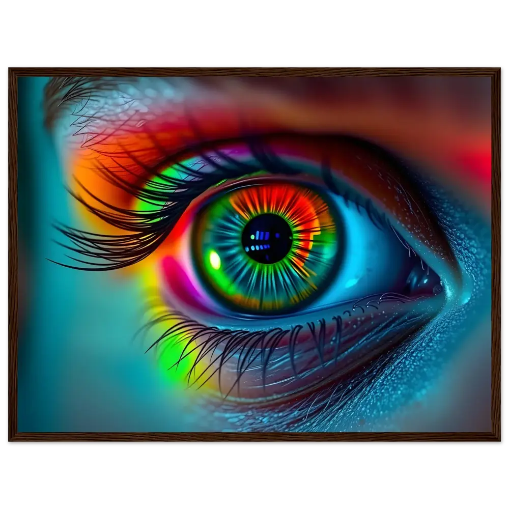 Rainbow-colored human eye displayed in Spectrum Vision Mirrored Framed Poster with Rainbow Frame