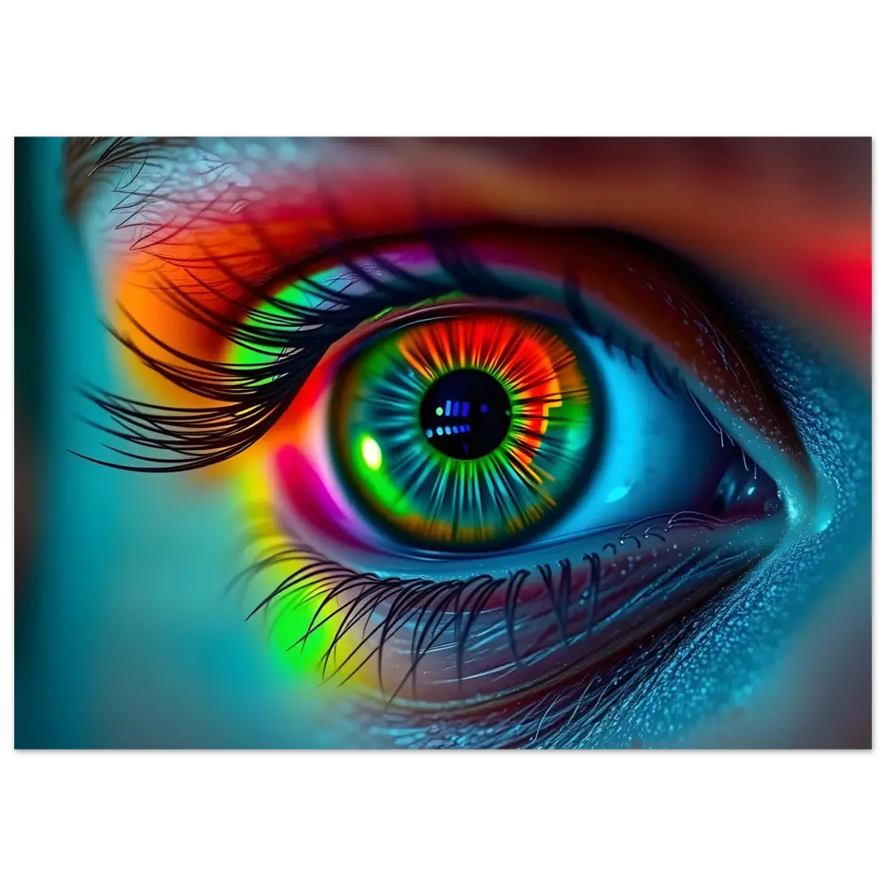 Vibrant rainbow eye artwork on Spectrum Vision Mirrored Framed Poster with Rainbow Frame
